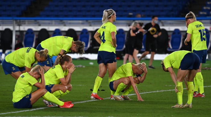 Sweden reacts after losing in the Olympic final.